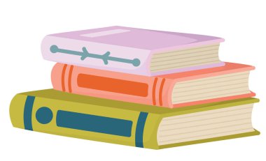 Beyaz arka planda izole edilmiş renkli kapaklı kitap yığını. Yazılı edebiyat tasviri