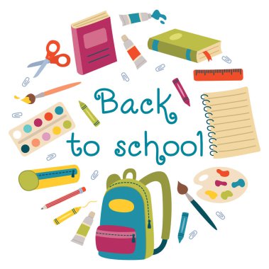 Renkli okul malzemeleriyle dolu yuvarlak pankart. Çizim ve öğrenme için sevimli elementlerle ayarlanmış