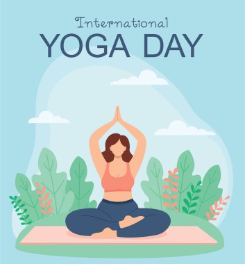 Nilüfer pozisyonunda yoga yapan bir kadının olduğu uluslararası yoga günü posteri. Açık havada spor yapan kıvrımlı bir kızın resmi.