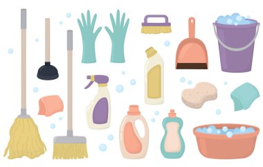 Beyaza izole edilmiş temizlik malzemeleriyle donatılmış. Fırça, sünger, şişe, süpürge, paspas, sprey, eldiven, kova ve sabun köpükleriyle ev işi kavramı