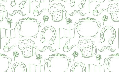 Aziz Patrick Günü için farklı unsurlara sahip kusursuz bir karalama geçmişi. Bayrak, altın, pipo, kazan, bıyık, at nalı, bira ve yonca ile İrlanda bayramı deseni