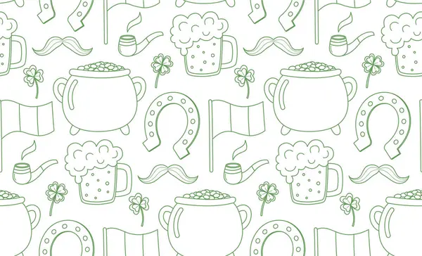 Aziz Patrick Günü için farklı unsurlara sahip kusursuz bir karalama geçmişi. Bayrak, altın, pipo, kazan, bıyık, at nalı, bira ve yonca ile İrlanda bayramı deseni