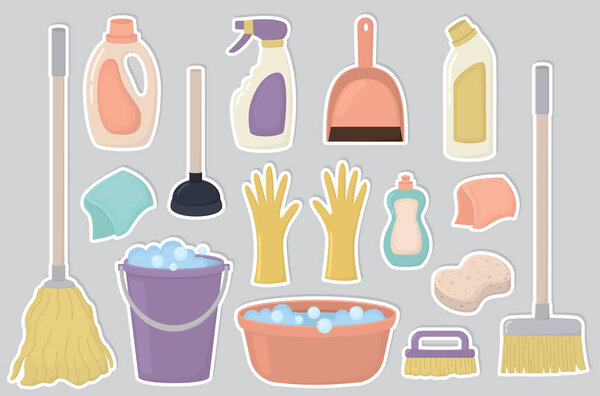 Набор красочных наклеек с чистящими средствами. Кисть, резиновые перчатки, губка, бутылки, швабра, спрей, метла, и ведро с мылом пены