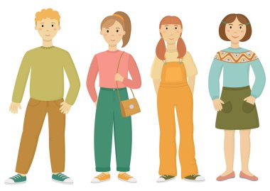 Beyaz bir arka planda izole edilmiş dört gençten oluşan bir grup. Okul çağındaki çocuklar birlikte duruyorlar.