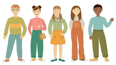 Bir arada duran beş sevimli ergen grubu. Beyaz bir arka planda izole edilmiş okul çağındaki çocuklar