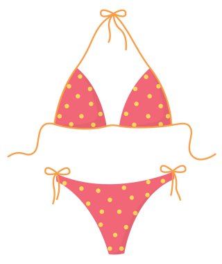 Beyaz arka planda izole edilmiş benekli pembe mayo. Kadın moda yüzme kıyafetleri..