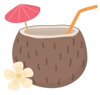 Beyaz arka planda izole edilmiş hindistan cevizli tropik kokteyl. Şemsiye, saman ve çiçekle süslenmiş yaz içkisi.