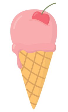 Vişneli waffle külahında pembe dondurma. Şeffaf arkaplanda yalıtılmış tatlı yaz