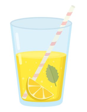 Bir bardak saman, nane ve limon dilimli limonata. Beyaz arka planda izole edilmiş taze limon suyu.