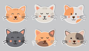 Komik kedi suratlı çıkartmalar. Gri arka planda sevimli kedi kafası olan koleksiyon