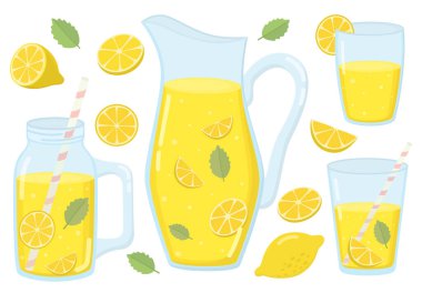 Limonata seti, cam sürahi, limon dilimi, kavanoz, nane yaprağı. Limonlu ve naneli yaz içkileri. Yaz ferahlatıcı içecekler farklı kaplarda