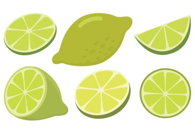 Yarım dilimlenmiş limon dilimleri beyaza izole edilmiş. Taze yeşil narenciye meyvesi.