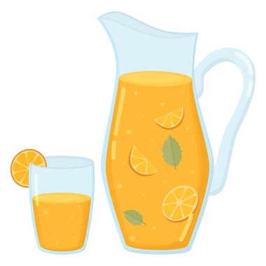 Cam sürahide portakallı limonata. Yaz taze içeceği, beyazda izole.