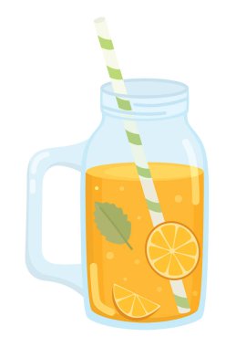 Kavanozda samanla portakallı limonata tasviri. Beyaz renkte izole edilmiş turunçgil dilimli yaz kuyruğu.