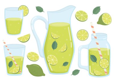 Limonata ve limonata ile hazırlanmış. Resimlerde bütün, ortadan ikiye bölünmüş, narenciye, nane yaprağı ve sürahi taze içecekle dilimlenmiş.