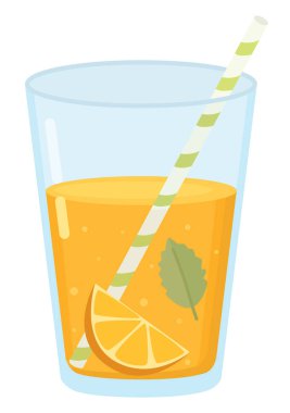 Portakal dilimli bir bardak limonata, nane yaprağı ve saman. Beyaz arka planda izole edilmiş yaz turunçgil içeceği