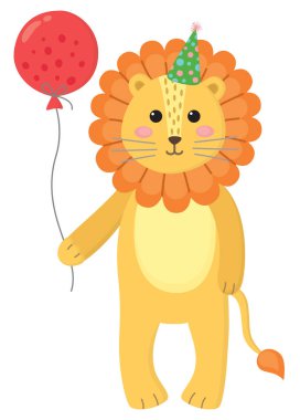 Doğum günü şapkalı şirin aslan pençesinde kırmızı bir balon tutuyor. Parti hayvanının renkli çizimi