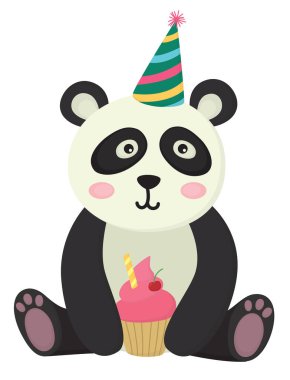 Doğum günü şapkası takan ve pençesinde kek tutan sevimli bir panda. Parti hayvanının tasviri