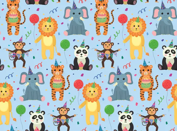Doğum günü hayvanlarının, balonların ve konfetilerin kusursuz desenleri. Parti karakterleri ve şenlik unsurlarıyla sevimli bir arkaplan