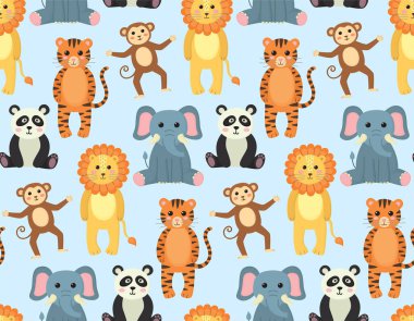 Komik hayvanlarla kusursuz bir düzen. Aslan, kaplan, fil, kaplan, panda, maymun ile renkli bir arkaplan