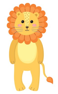 Beyaz karikatür arka planında sevimli aslan izole edilmiş. Vahşi hayvanlarla çocuk stili illüstrasyon