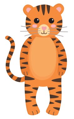 Beyaz arka planda izole edilmiş komik bir kaplan. Çocuksu bir şekilde çizilmiş orman hayvanı tasviri