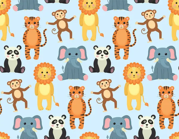 Komik hayvanlarla kusursuz bir düzen. Aslan, kaplan, fil, kaplan, panda, maymun ile renkli bir arkaplan