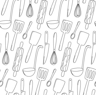 Mutfak aletleri karalama tarzında çizilmiş kusursuz desenler. Pişirme aksesuarları ile siyah beyaz arkaplan
