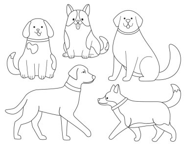 Tatlı köpeklerle Doodle seti. Hayvanlarla doğrusal illüstrasyon