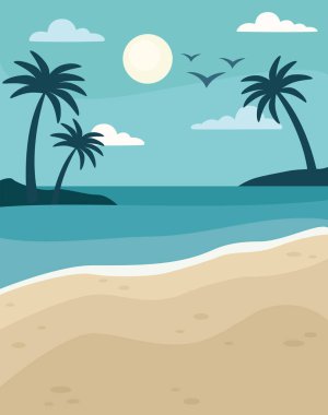 Palmiye ağaçlarıyla tropik kumlu plaj manzarası. Güzel yaz deniz manzaralı illüstrasyon