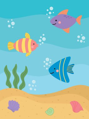 Şirin balıkların, kabukların ve bitkilerin olduğu su altı dünyası. Okyanus ve deniz ile ilgili illüstrasyon