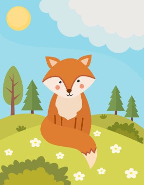 Yaz çayırında elinde çiçeklerle tilki oturuyor. Kırmızı bir hayvanla manzara, ağaçlar, bulutlu gökyüzü ve güneş