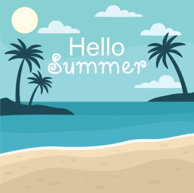 Palmiyeli ve yazılı tropik plaj. Merhaba Summer. Palmiye ağaçları, okyanus, kum, gökyüzü, bulutlar ve güneş