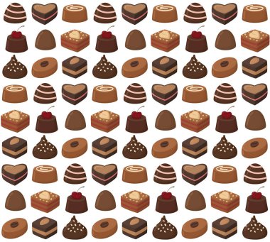 Lezzetli çikolatalı şekerlerle kusursuz desenler. Çeşitli tatlılarla el çizimi arkaplan