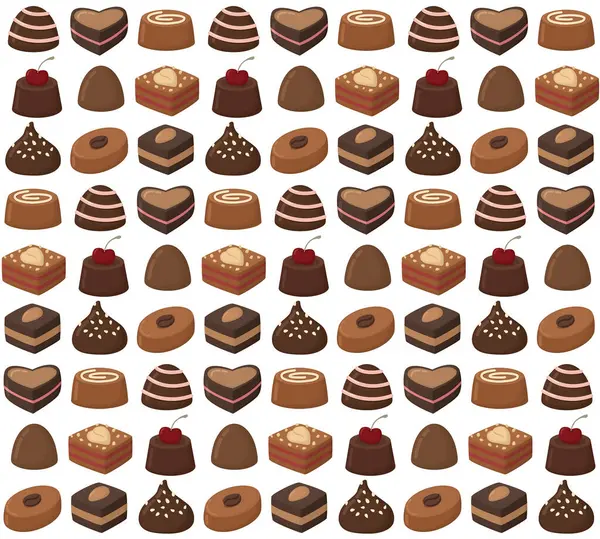 Lezzetli çikolatalı şekerlerle kusursuz desenler. Çeşitli tatlılarla el çizimi arkaplan