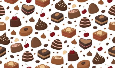 Çikolata, damla, kiraz ve fındıklı kusursuz bir arka plan. Çeşitli şekerler, mantarlar, şekerlemeler.