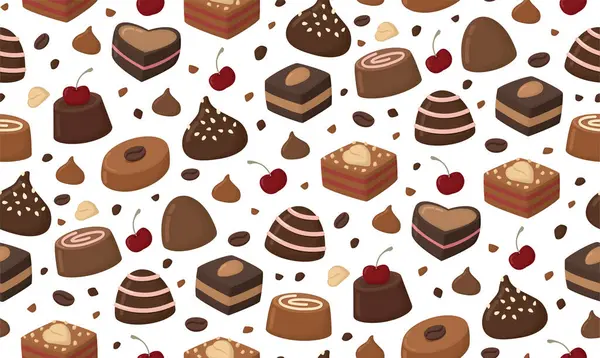 Çikolata, damla, kiraz ve fındıklı kusursuz bir arka plan. Çeşitli şekerler, mantarlar, şekerlemeler.