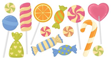 Şeffaf arkaplanda izole edilmiş renkli şeker ve karamel seti. Lezzetli şekerlerin ve lolipopların resmi.