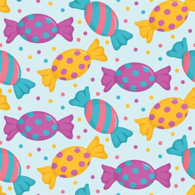 Renkli, pürüzsüz desenli, parlak ambalajlı şekerler. Karamelli şekerler ve konfetilerle donatılmış