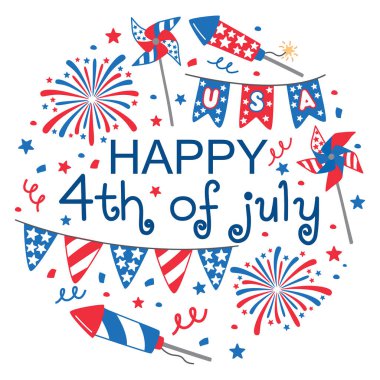 ABD 'nin 4 Temmuz bağımsızlık günü için yuvarlak pankart. Fırıldak, havai fişek, pankart, konfeti ve yıldızlarla kavram