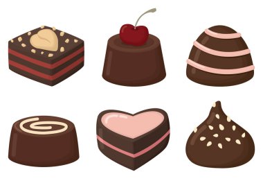 Koyu çikolata şekeri seti. Beyaz arka planda izole edilmiş lezzetli tatlılar.