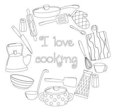 Mutfak gereçleri karalama tarzında çizilmiş yuvarlak afişleri severim. Taslak ekipman kümesi