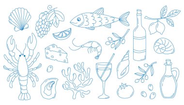 Elle çizilmiş İtalyan yaz Akdeniz karalama stili. Deniz kabukları, ıstakoz, şarap, limon, cam, şişe, karides, zeytin, mercan, üzüm, domates, peynir, sardalya