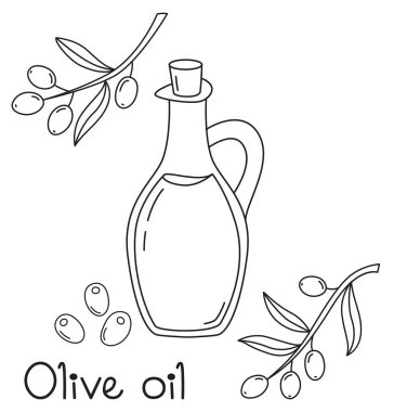 Bir şişe zeytinyağı, zeytin ve karalama tarzında çizilmiş zeytin dalları. Siyah beyaz çizim