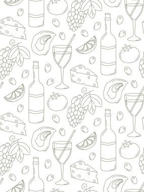 Karalama tarzında çizilmiş Akdeniz elementleriyle kusursuz desen. İtalyan yemekleri ve içecekleri ile arka plan.