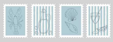 Akdeniz unsurları olan bir dizi İtalyan yaz pulu. Tatlı posta resimleri ıstakoz, şarap, deniz kabuğu, limon, zeytinyağı