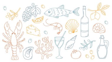 Karalama tarzında çeşitli yiyecek ve içeceklerden oluşan el yapımı İtalyan yaz seti. Limon, domates, deniz kabuğu, ıstakoz, şarap, karides, zeytin, mercan, üzüm, kokteyl içeren Akdeniz tatil koleksiyonu