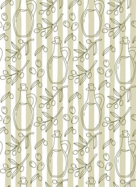 Zeytin, zeytin yağı ve zeytin dallarıyla el yapımı dikişsiz desen. Karalama elementleriyle çizgili Akdeniz arkaplanı