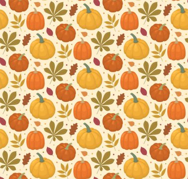 Renkli balkabaklarıyla ve yapraklarıyla sonbahar pürüzsüz deseni. Sonbahar, hasat, Şükran Günü geçmişi.