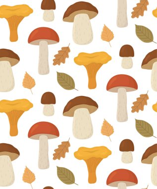 Mantarlı ve yapraklı kusursuz sonbahar deseni. Samimi sonbahar arkaplanı